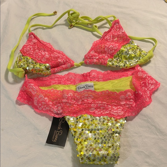 Beach Bunny pink & yellow sparkle bikini size S